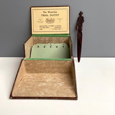 Stanford and Mann Waterloo Trial Outfit - alphabetical index box - with Fuller Brush letter opener 