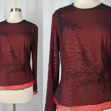 Vintage Nineties Red and Black Long Sleeve Embroidered Mesh Stretch Shirt - 90s Large Flora Nikrooz Layered Mesh Top 