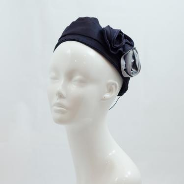 1940s Vintage Hat -Two Tone Blue File Hat with Rosettes - Fitted Cap 