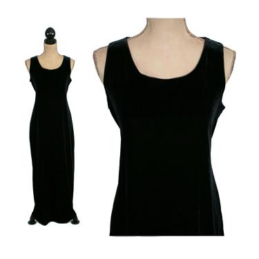 90s Long Black Velvet Maxi Dress Medium, Sleeveless Shift, Gothic Goth Grunge Minimalist, 1990s Clothes Women Vintage Clothing 