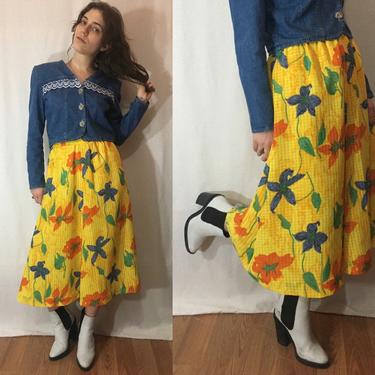 Vintage 80s/90s Floral Midi Skirt | Gingham Woven Full Skirt Elastic Waist Summer Skirt Flowy Flared Skirt, Large | Brenda Goode 