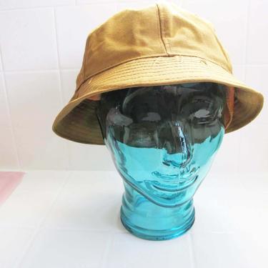 Vintage 60s Tan Brown Bucket Hat - 1960s Canvas Bucket Hat with Brim Bill  - Adult  Fisherman Hat - Unisex Sun Hat 