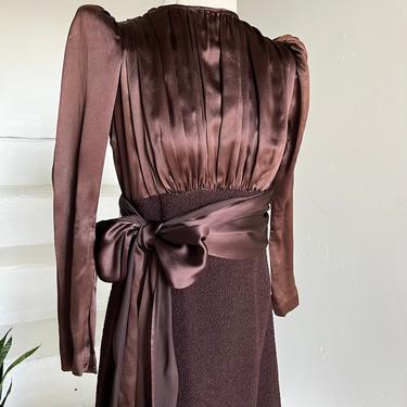 1940s Chocolate Brown Silk Satin Charmeuse and Wool Boucle' Dress 36&quot; Bust Vintage 