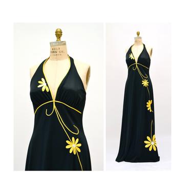 1970s Vintage Swim dress Black Maxi Dress Halter Neck Beach Coverup DeWeese Designs Floral Daisy Metallic Black Long Maxi Dress Medium large 