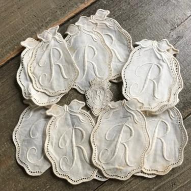 French Monogram Linen Labels, Patches, Embroidered Letter R, Period Textiles 