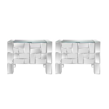 Ello Attributed Pair of 2 Door Bedside Tables in Tessellated Beveled Mirror 1970s