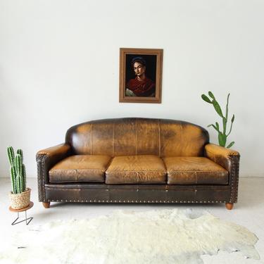 Art Deco Style Vintage Distressed Leather Sofa as found