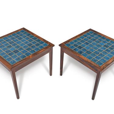 Pair of Danish Mid Century Modern Rosewood + Blue Tile Side Tables 