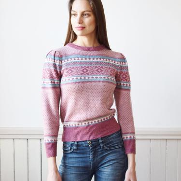 1970s Pink Fair Isle Knit | XS | Vintage 70s/80s Mauve and Blue Puff Sleeve Sweater 