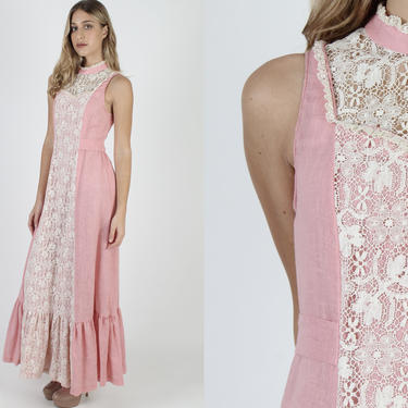 Long Pink Crochet Floral Lace Dress Vintage 70s Prairie Sheer Ivory Flower Detail Prairie Style 1970s Sleeveless Country Maxi Dress 