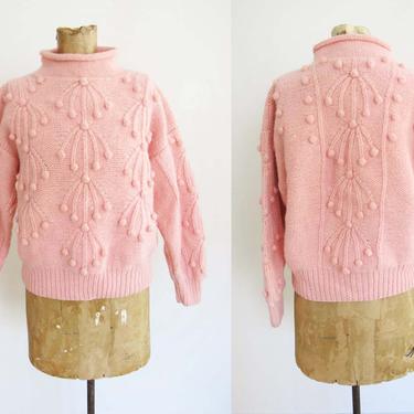 Vintage 80s Pink Wool Sweater Small - Pom Pom Knit Pullover Jumper - Pastel Kawaii Winter Sweater - Obermeyer - Ski Sweater 