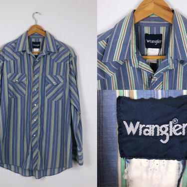 1990s Vintage Wrangler Striped Pearl Snap Western Shirt - Size L by HighEnergyVintage