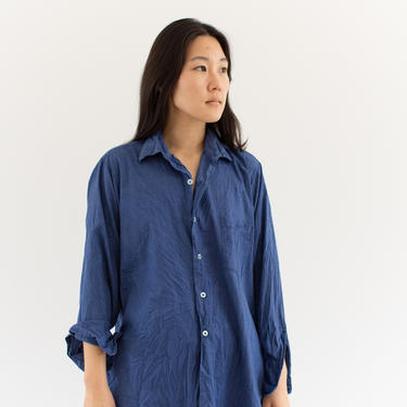 Vintage Rinsed Blue Long Sleeve Shirt | Overdye Simple Blouse | Crinkled Cotton Work Shirt | S M L | 