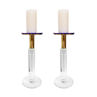 Karl Springer Pair of Rare Prototype Candle Holders In Lucite And Brass Ca 1985