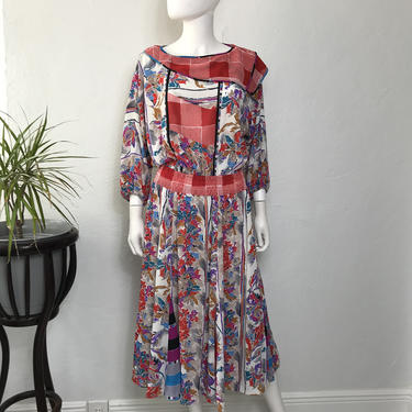 Vtg 80s rayon abstract floral midi dress like Diane Freis M 