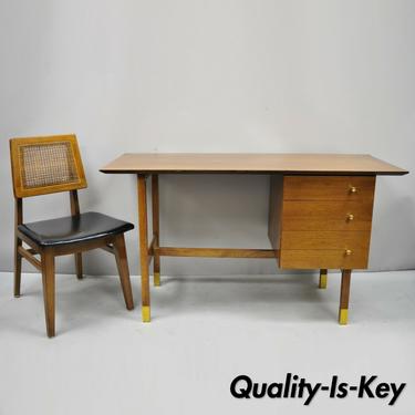 Mid Century Modern Walnut Floating Top Writing Desk &amp; Cane Hibriten Desk Chair