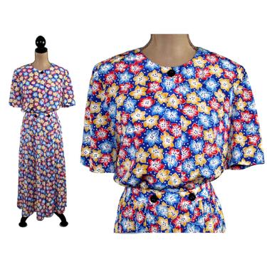 90s Floral Maxi Dress Large, Colorful Short Sleeve A Line, Pleated Shirtwaist, Spring Summer Clothes, Vintage Clothing Liz Claiborne Size 12 by MagpieandOtis