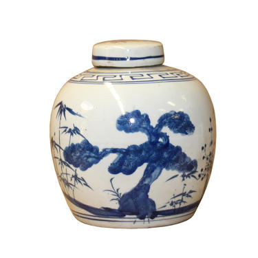 Chinese Blue White Ceramic Plants Trees Graphic Ginger Jar ws868E 