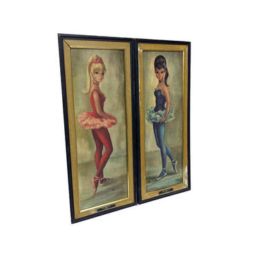 Vintage Big Eye Wall Hangings - 1960s Vintage Maio Red &amp; Blue Ballerina, Framed Big Eyes Print, Mid Century Modern Art, Ballet Dancer Prints 