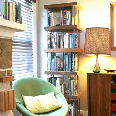 reclaimed wood shelving from reclaimed old growth wood and recycled content steel - bookcase - shelves - modern industrial 