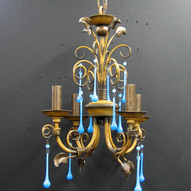 0566 Painted Metal and Blue Opaline Teardrop Prisms Chandelier Customized Rewired 1970's 