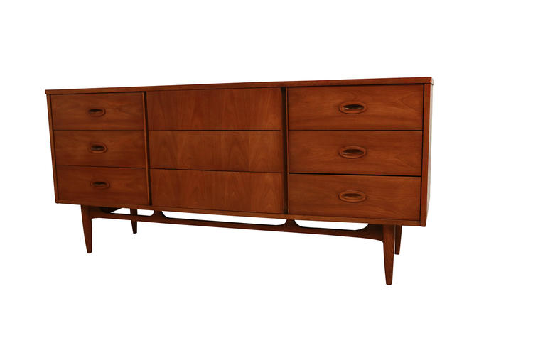Mid Century Modern Walnut 9 Drawer Dresser by Dixie 