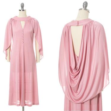 Vintage 1970s Dress | 70s Dusty Rose Jersey Knit Cape Open Back Pink Vice Admiral Holdo Cosplay Disco Goddess Dress (x-small/small) 
