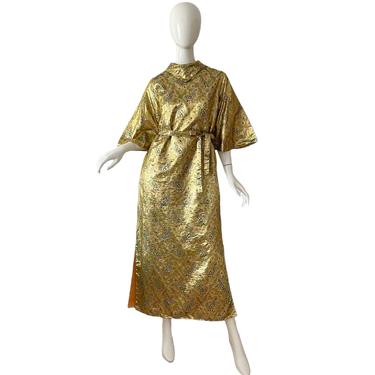 60s Enduro Of California Dress / Vintage Gold Lame Dress / 1960s Metallic Kimono Gown 