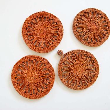 Vintage Straw Trivet Coasters Set of 4 - Orange Circle Raffia Trivets - Bohemian Kitchen Home Decor - Woven Round Straw Drink Coasters 