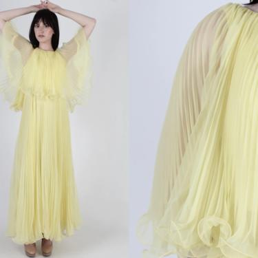 Vintage 70s Sunflower Yellow Chiffon Dress / Pleated Ruffle Capelet Wedding Maxi Dress 
