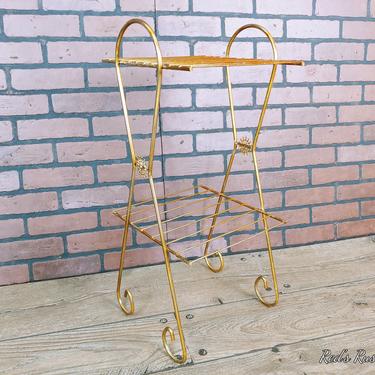 Two Tier Level Atomic Gold Wire Plant Record Player Stand Rack Shelf with Starburst Detail 