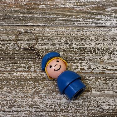 1970s Vintage Fisher Price Little People Keychain, Policewoman Tow Truck Driver Key Ring Charm, Plastic Body Plastic Head, 1980 Retro Toys 