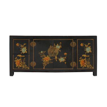 Chinese Black Color Vinyl Flower Birds Low TV Cabinet Table cs5785S