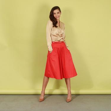 80s Red High Waisted Belted Skirt Vintage Cotton Flared Midi Circle Skirt 