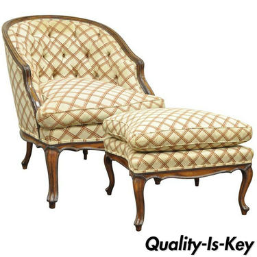 Vintage Country French Louis XV Style Barrel Back Bergere Lounge Chair &amp; Ottoman