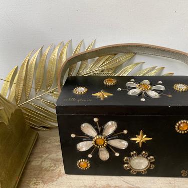 Vintage Enid Collins Mille Fleures Box Purse, Enid Hand Bag, Black With Gold Starbursts And Rhinestone Flowers, Silver Handle 