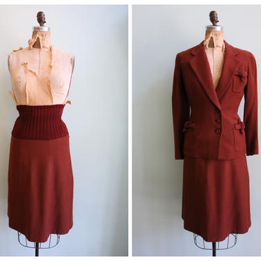 Vintage 1930's Nutmeg Wool Knit Skirt Suit | Size Small 