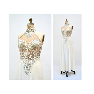 80s 90s Vintage Silver Cream Beaded Sequin Gown Dress Small Stephen Yearick Silk // Vintage Beach Mermaid Wedding Gown Dress Halter neck 