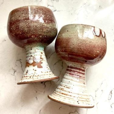 Vintage Handmade Pottery Stoneware Wine Multi Color Goblets by LeChalet