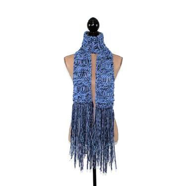 Hand Knit Blue Scarf with Fringe, Chunky Winter Scarves for Women, Unique Gift Handmade, Hippie Boho Accessories 