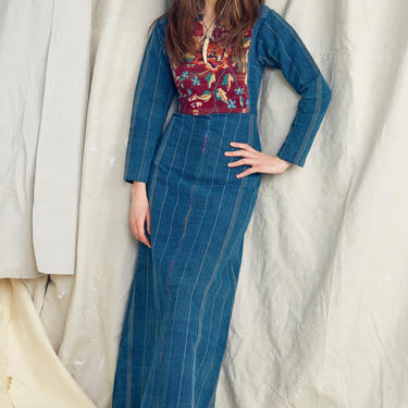 1970s Denim and Needlework Maxi Dress Vintage Boho Gypsy 34 Bust 