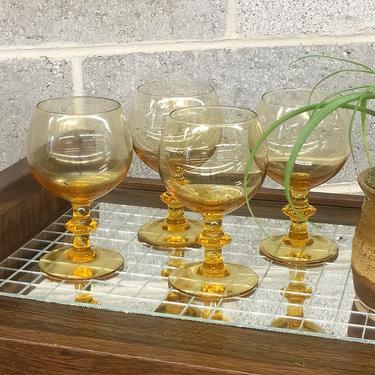 Vintage Wine Glasses Retro 1970s Mid Century Modern + Amber Glass + Goblets + Set of 4 Matching + Drinkware + MCM + Home and Bar Decor 
