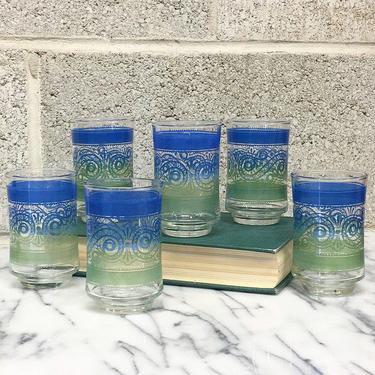 Vintage Juice Glasses Retro 1960s Mid Century Modern + Set of 6 Matching + Blue and Green Print + MCM Kitchen Decor and Glassware 