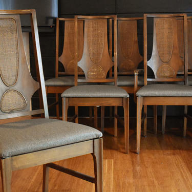 Six vintage Broyhill Brasilia walnut dining chairs w/new upholstery 