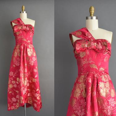 vintage 1950s | Gorgeous Gold Shimmery Floral Full Length Cocktail Party Gown | Small | 50s dress 