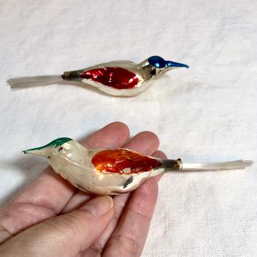 2 Vintage Antique Mercury, Blown Glass Bird Christmas Tree Ornaments with Spun Glass Tails - Germany German, Craft Project, Hummingbird 