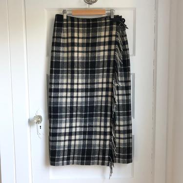 1990s Eddie Bauer Black and White Plaid Wool Blanket Wrap Skirt- size med 