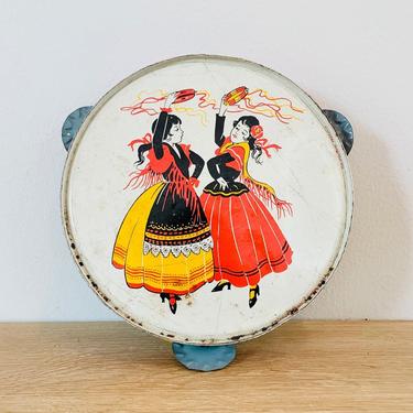 Vintage Tin Litho Toy Tambourine Flamenco Dancer Life of the Party Products by Kirchhof Made in Newark NJ 
