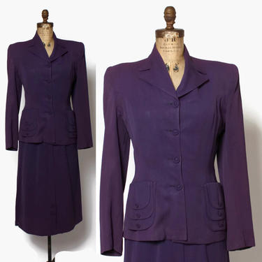 Vintage 40s Purple Suit / 1940s Dark Plum Wool Tailored Blazer Jacket &amp; Pencil Skirt 