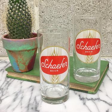 Vintage Schaefer Beer Glasses Retro 1960s Clear Glass Tallboys + Set of 2 Matching + Drinking + Alcohol Tumblers + Home Bar or Kitchen Decor 